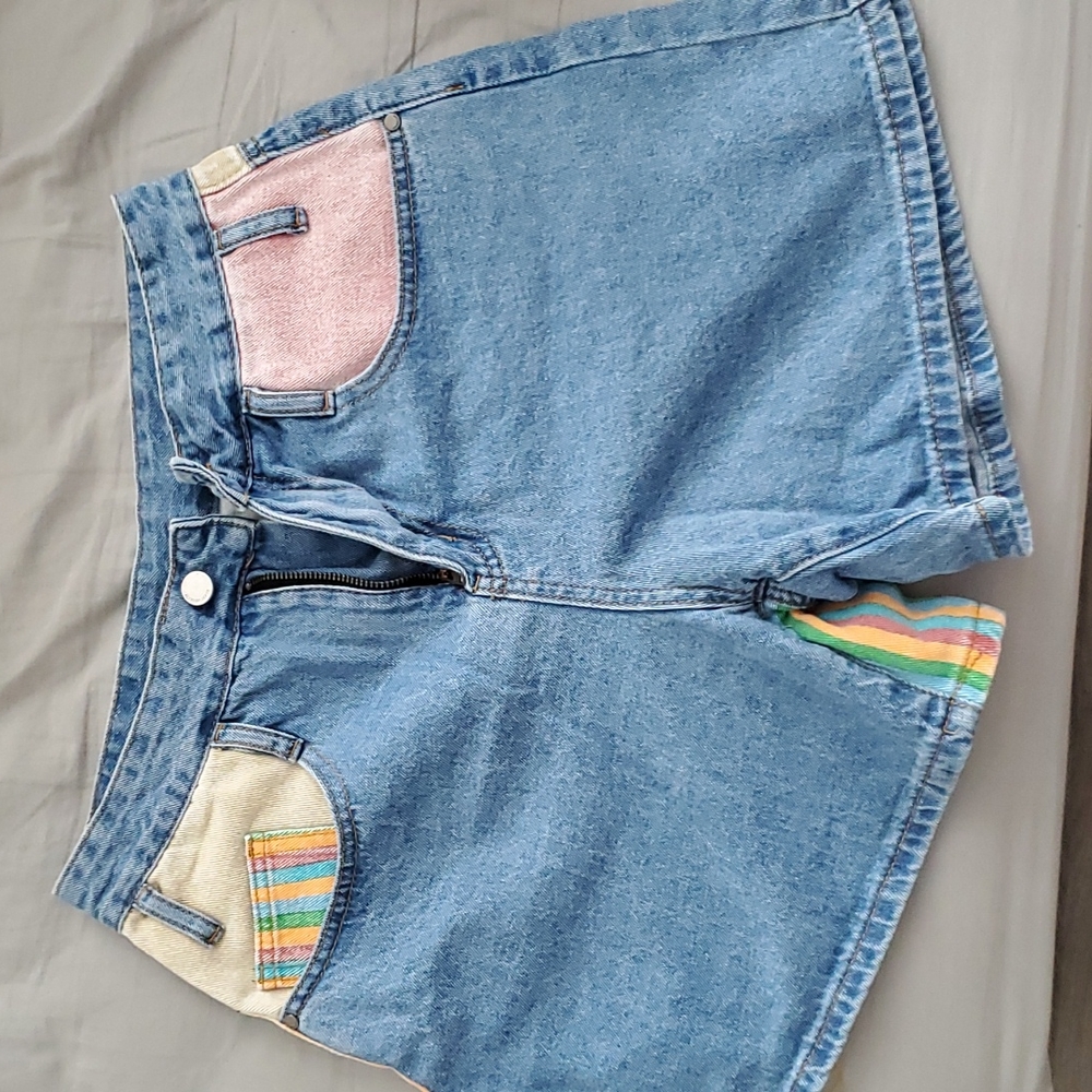 Size M. High waisted shorts. Half blue half rainbow striped